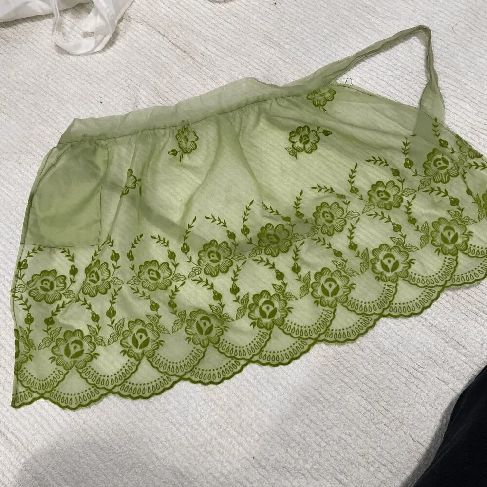 Vintage 50s Artistic Apron House Sheer Flocked Organza Green Apron